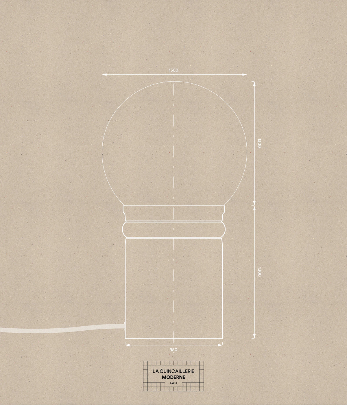 La Quincaillerie moderne - Dessin technique lampe de bureau « Odyssée" en aluminium brut et petit globe en verre opalin satiné.