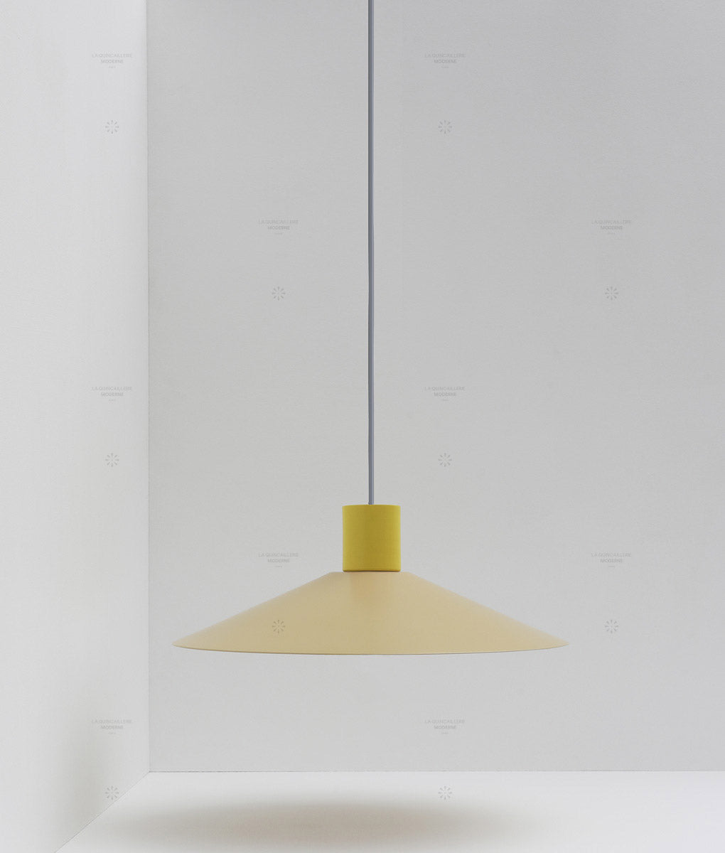 Suspension évasée "Belle de nuit", grand modèle, beige et jaune bouton d'or, câble gris-bleu - La Quincaillerie moderne