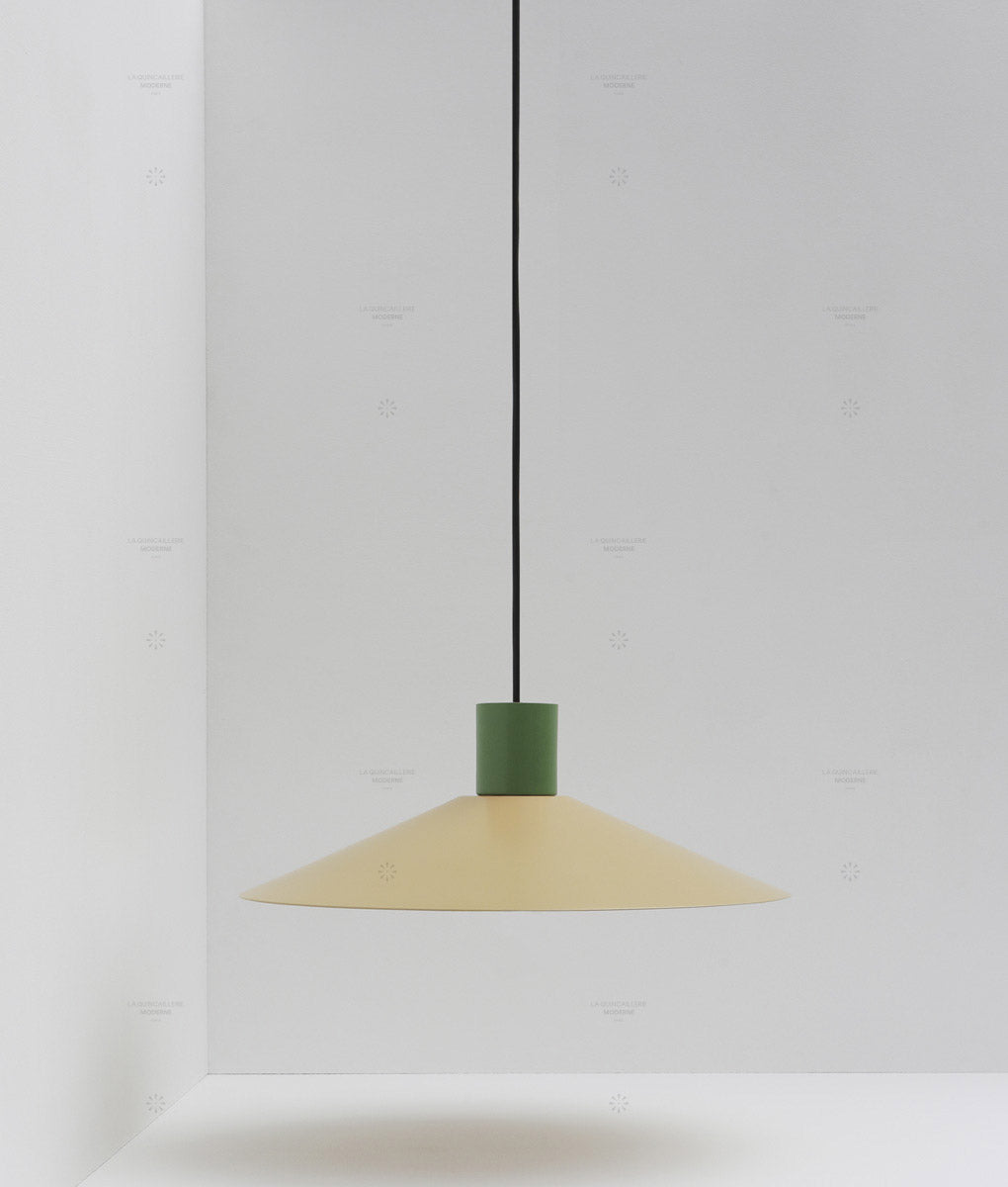 Suspension évasée "Belle de nuit", grand modèle, beige et vert bouton d'or, câble noir - La Quincaillerie moderne