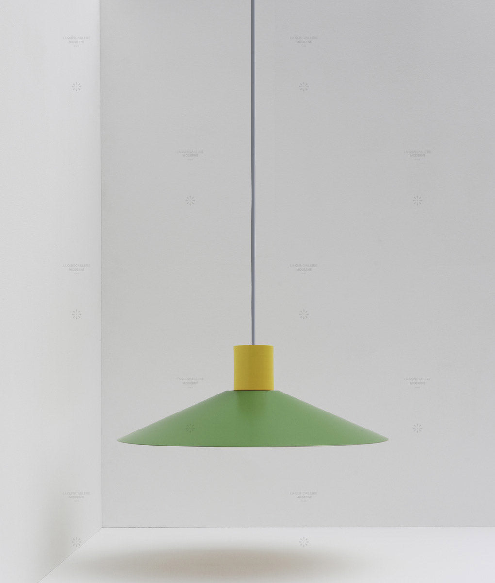 Suspension évasée "Belle de nuit", grand modèle, jaune bouton d'or et vert champêtre, câble gris-bleu - La Quincaillerie moderne
