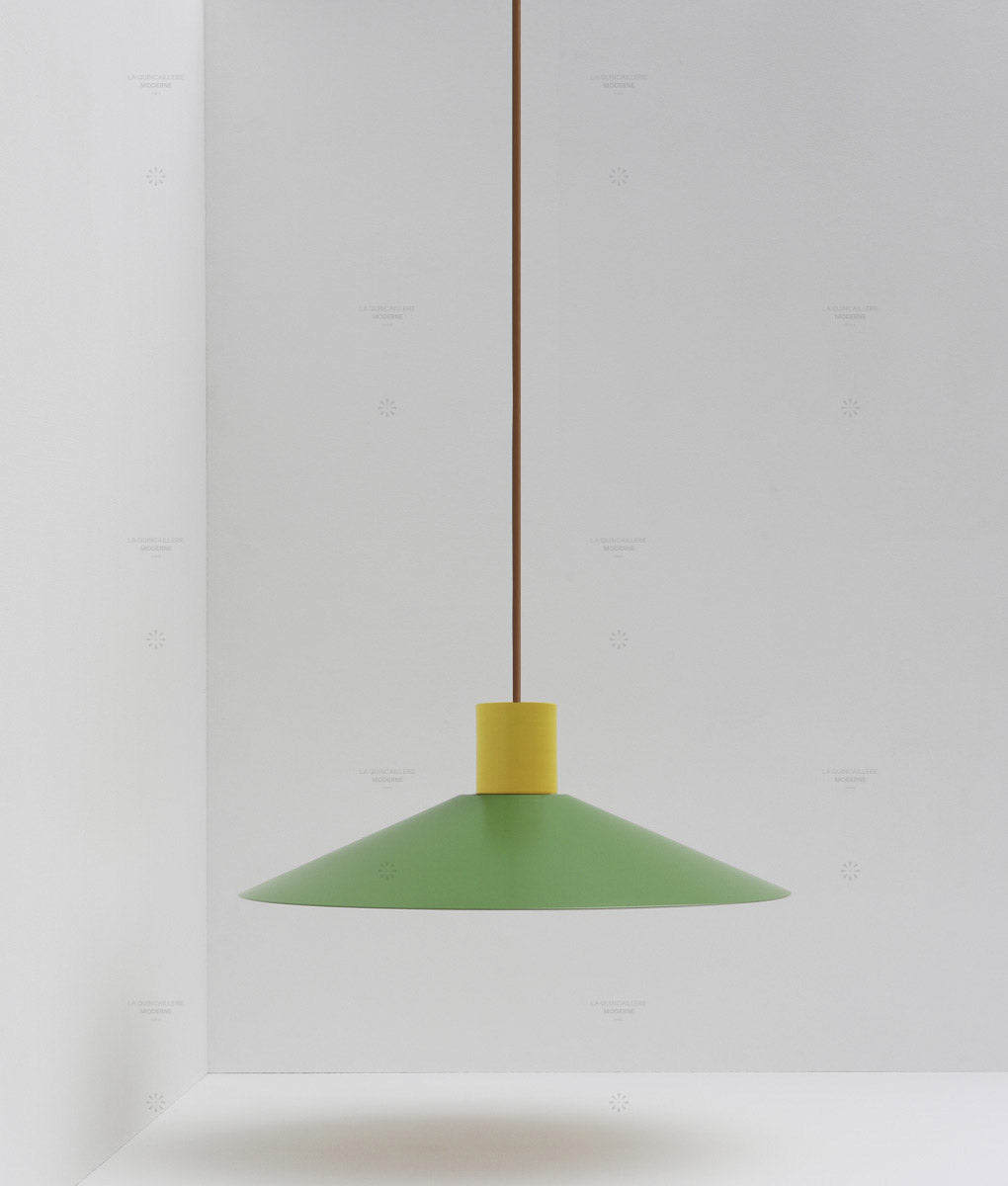 Suspension évasée "Belle de nuit", grand modèle, jaune bouton d'or et vert champêtre, câble marron - La Quincaillerie moderne
