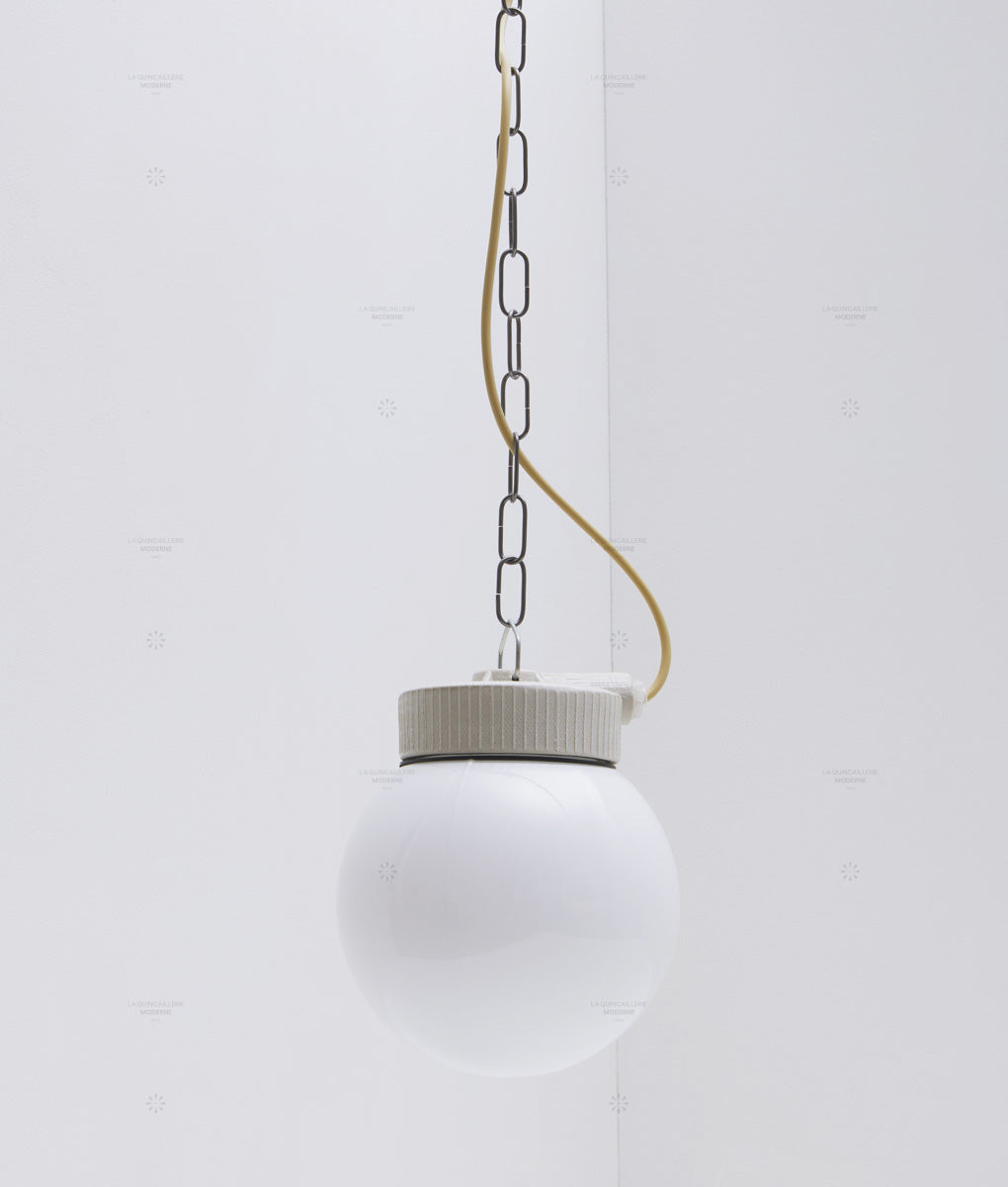 Suspension industrielle porcelaine et opaline satinée "Grège", câble crème