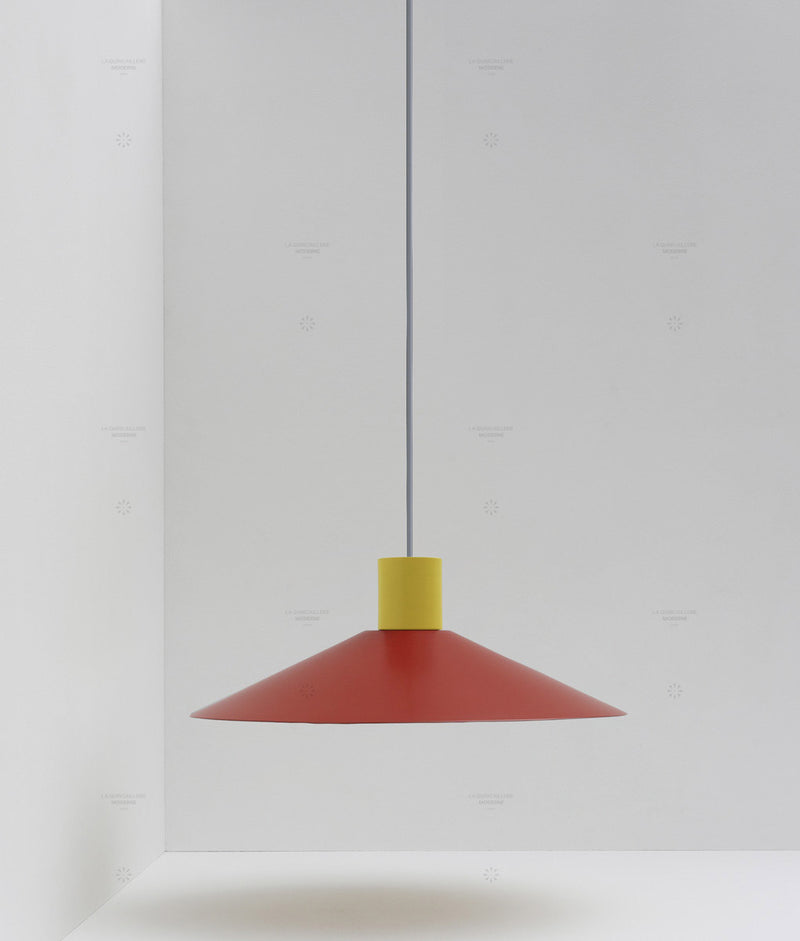 Suspension évasée "Belle de nuit", grand modèle, rouge cardinal et jaune bouton d'or, câble gris-bleu - La Quincaillerie moderne