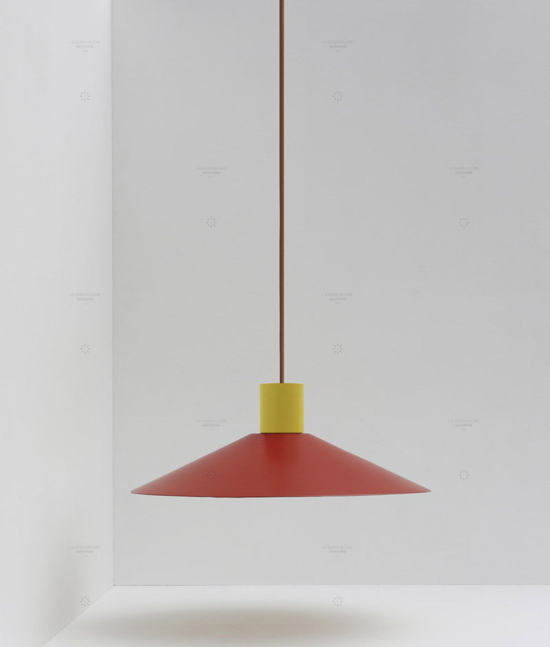 Suspension évasée "Belle de nuit", grand modèle, rouge cardinal et jaune bouton d'or, câble marron - La Quincaillerie moderne