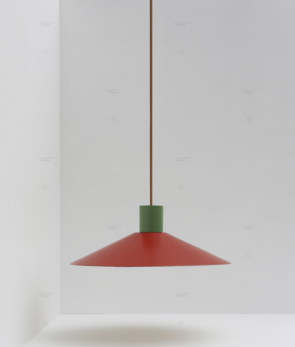 Suspension évasée "Belle de nuit", grand modèle, rouge cardinal et vert champêtre, câble marron - La Quincaillerie moderne