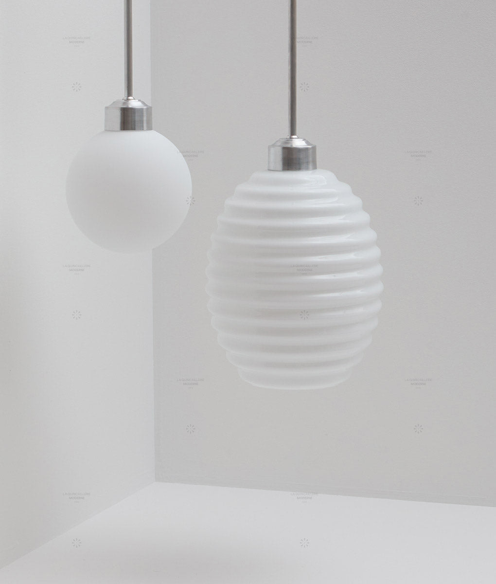 La Quincaillerie moderne - Suspension "Bistro" aluminium brossé, verrerie opaline satinée