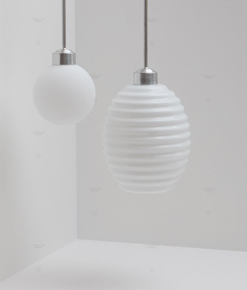 Suspension "Bistro", double aluminium, verrerie boule mate grand modèle, verrerie "Anneaux III" satinée