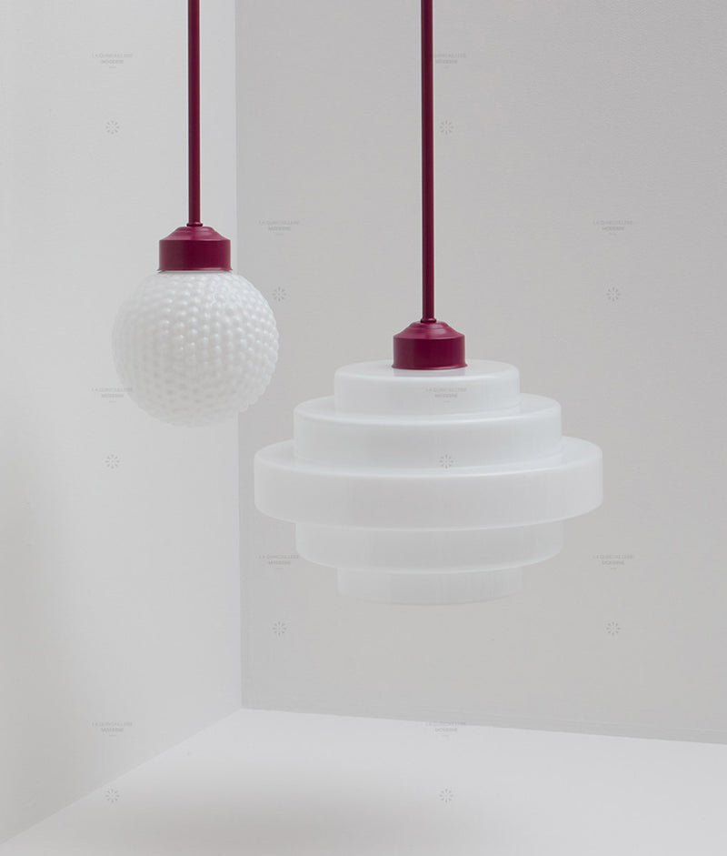 Suspension "Bistro", double prune, verrerie boule bullée satinée, verrerie "Escaliers" satinée