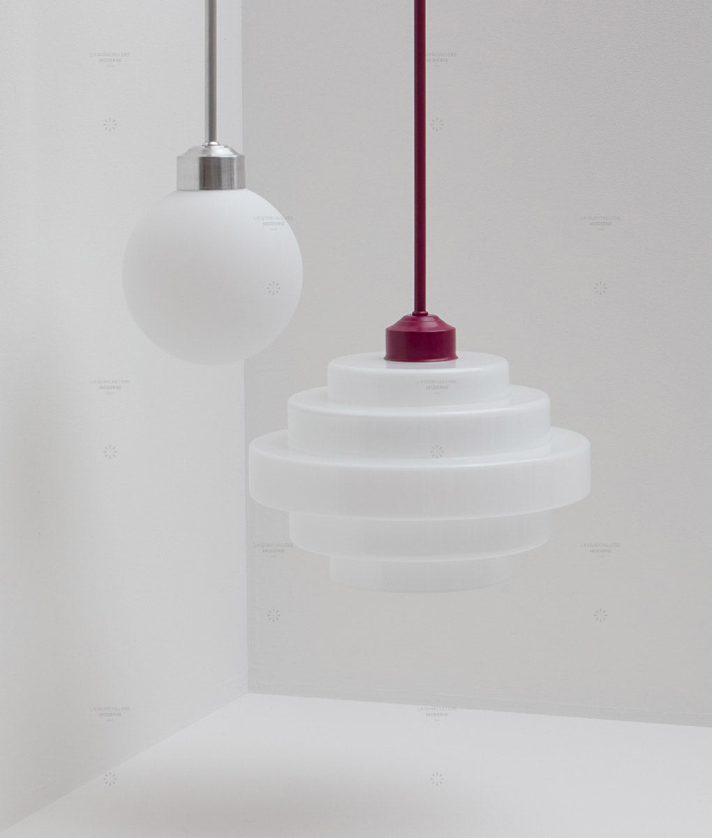 La Quincaillerie moderne - Suspension "Bistro" prune aluminium brossé, verrerie opaline satinée