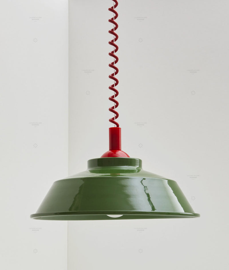 Suspension monte et baisse "Après-midi", câble rouge coquelicot, abat-jour en métal émaillé