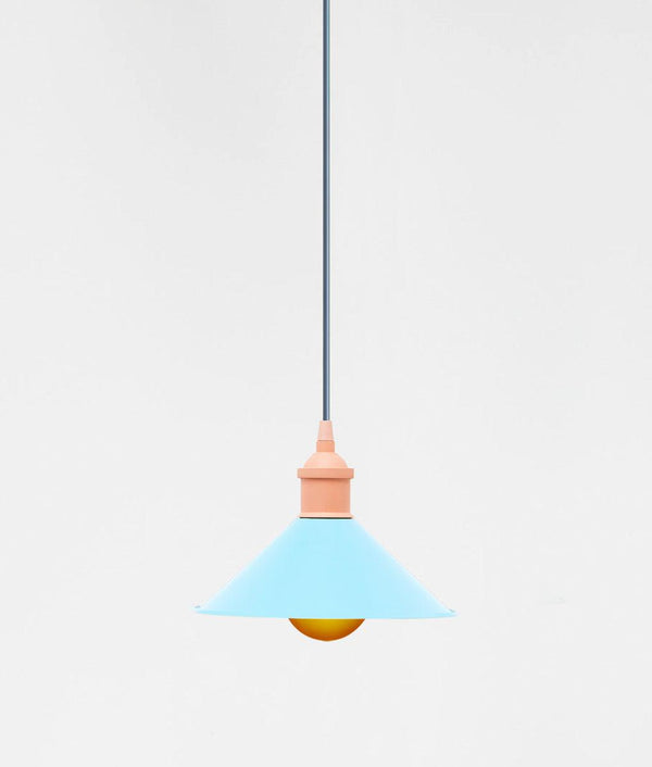 Suspension "Milano" simple conique, bleu ciel et rose, câble bleu de Prusse boule orange givrée - La Quincaillerie moderne