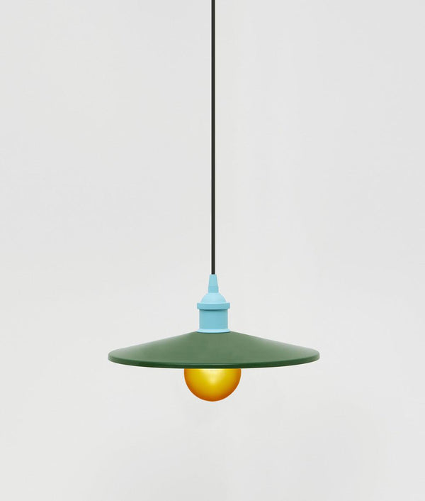 Suspension "Milano" simple évasée, vert sapin et bleu ciel, câble noir et boule orange givrée